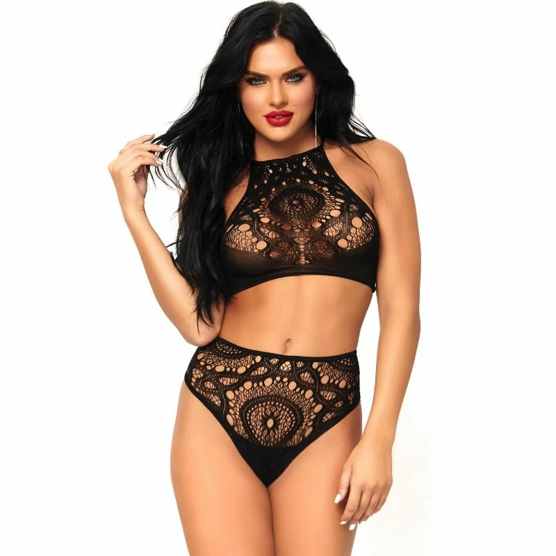 Completo Intimo Leg Avenue Set Due Pezzi con Top Ricamato Nero